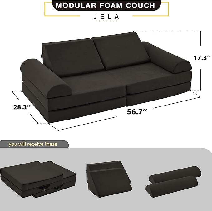 jela Kids Couch Safety Certified Play Couch Soft Kids Sofa with Machine Washable Cover Thick Foam Fort Building Set for Playroom Indoor (57"x28"x18", Charcoal)