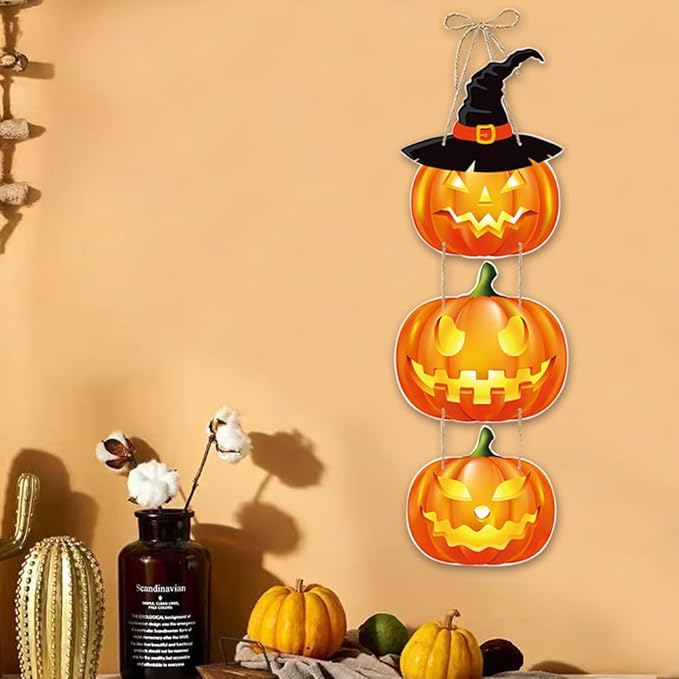 Halloween Door Decorations Pumpkin Hanging Sign Front Door Hanger Wreath Decor Indoor Outdoor Decor for Halloween Party Home Farmhouse Wall Porch Yard Window Decoration Supplies