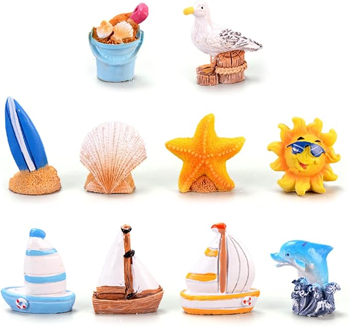 10 PCS Miniature Beach Figurines - Mini Shell Dolphin Starfish Sailboat Decorations, Ocean Diorama Supplies, Cake Topper