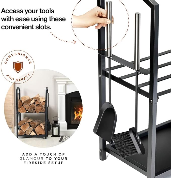 HOME IT Firewood Rack Indoor Outdoor - 2-Tier Firewood Holder with Fireplace Tools Set, Brush, Shovel, Poker, Tongs - Waterproof Steel Pipe Log Holder, Black Stove Wrought Iron - 17x12x29