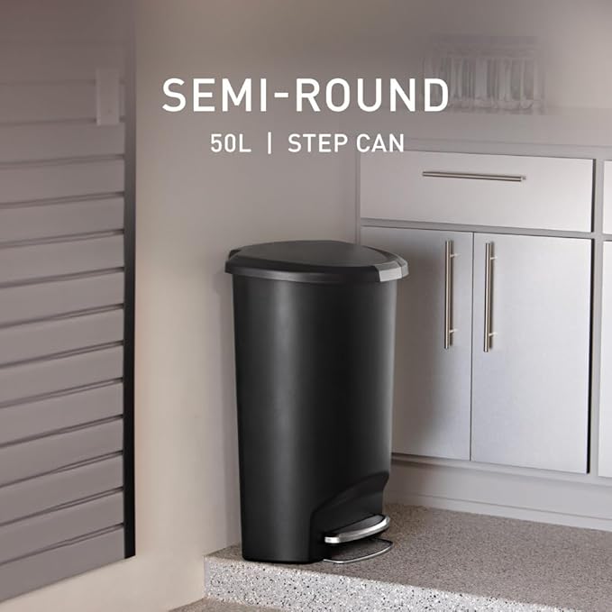 simplehuman 50 Liter / 13 Gallon Semi-Round Kitchen Step Trash Can with Secure Slide Lock, Black Plastic