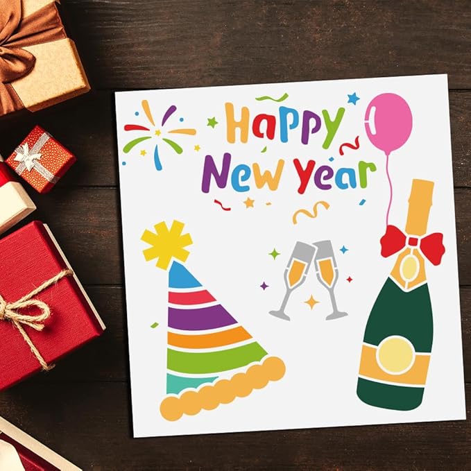MAYJOYDIY 3pcs Happy New Year Fireworks Stencil Christmas Fireworks Templates 11.8×11.8inch with Paint Brush Reusable Party Theme Painting Stencils for Crafts and Home Decor