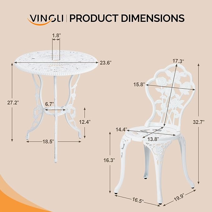 VINGLI 3 PCS Outdoor Bistro Set, Outdoor Patio Set, All-Weather Cast Aluminum Bistro Table Set, Bistro Table and Chairs Set of 2 for Backyard, Garden, Balcony (White, Rose)