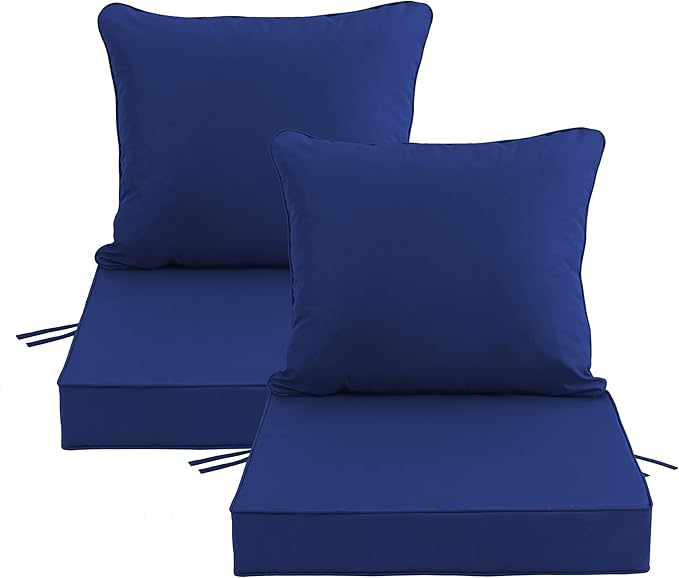 22x22 Inch Patio Chair Cushion with Removable Cover, Outdoor Furniture Cushion - Water-Repellent, Fade-Resistant, Non-Slip Bottom & Straps, Replacement for Lawn, Porch & Deck Chair - Navy