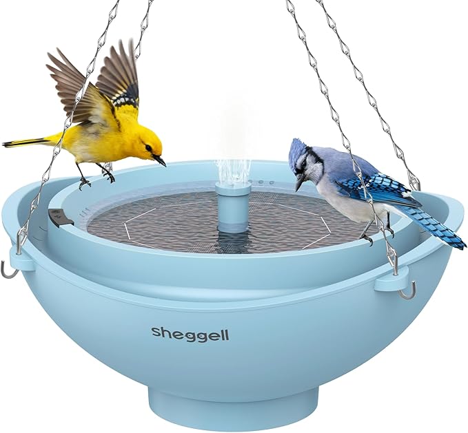 Sheggell Smart Bird Bath, 2L Large Capacity with Water Circulating Filtration, Solar Bird Bath with 3 Fountain Modes, Hanging & Freestanding Design, IPX6 Waterproof, Birdbath for Yard