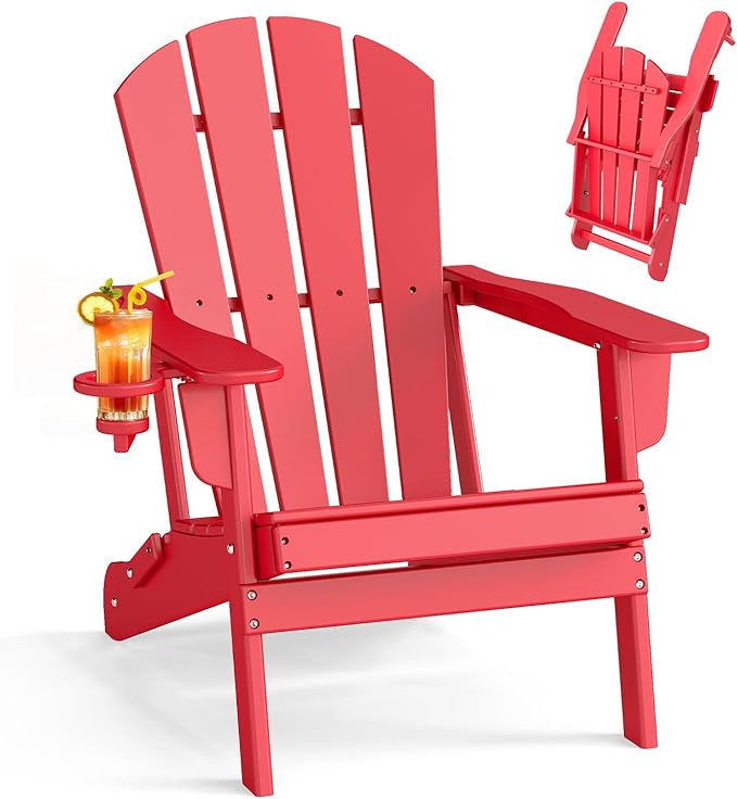 BRIOPAWS Folding-Adirondack-Chair | HDPE Plastic | Fire Pit Chairs | Cup Holder | Curved Back | All Weather | for Outdoor Backyard Deck Patio | Red