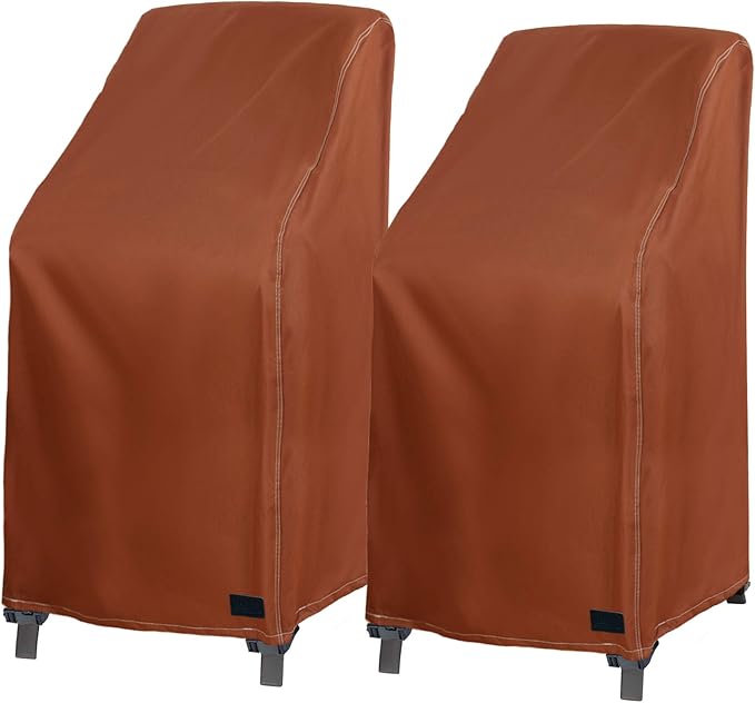 NettyPro Stackable Chair Covers 2 Pack Waterproof Outdoor Stack Chairs Cover Patio Furniture Stacking Chair Covers, Fits for 4-6 Stackable Dining High Back Chairs, 28 W x 35 D x 45 H inch, Brown