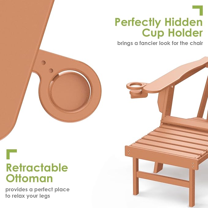 GREENVINES Adirondack-Chairs-with-Ottoman | Set of 6 | Folding | Retractable-Footrest | HDPE Plastic | All Weather Fire Pit Chair | Cup Holders | Teak | for Outdoor Poolside
