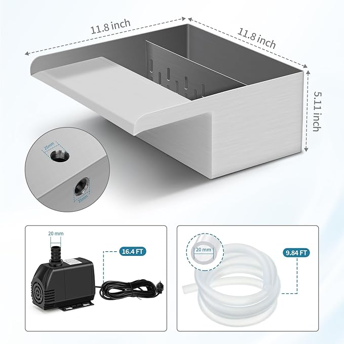 Pond Waterfall Spillway with Filter and Pump Kit - 304 Stainless Steel Ponds Waterfall Box,800 GPH Pump,9.8FT Oxford Hose,Garden Water Features