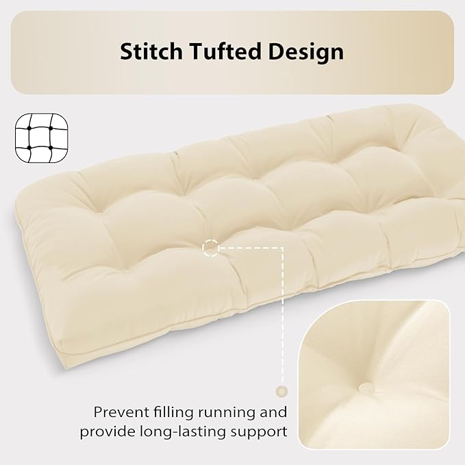 Tufted Bench Cushions for Outdoor Furniture, 48" x 18" Porch Swing Cushions Filled with Foam, Overstuffed Patio Cushions for Bench Loveseat with 2-3 Seats,Thick and Water Resistant, Beige