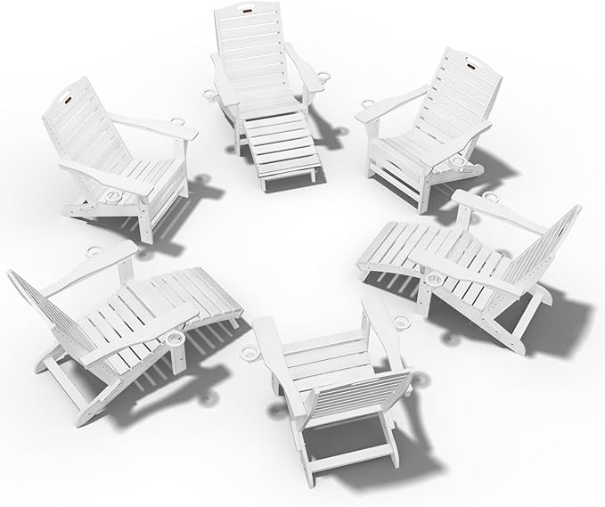 Ciokea Folding Adirondack Chair Set of 6 with Retractable Ottoman Fire Pit Patio Chair with Pull Out Foot Rest Weather Resistant Lawn Outdoor Chair with 2 Cup Holder (White)