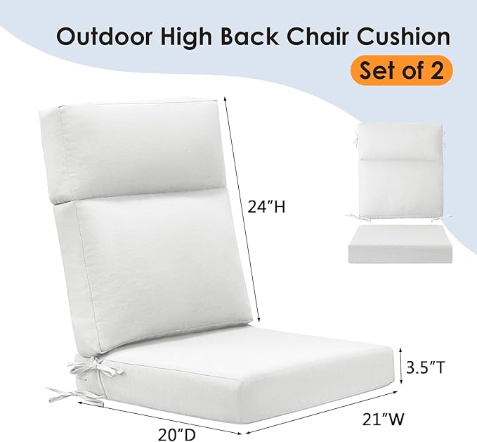 Outdoor Separate High Back Chair Cushion Seat Pads, 2-Pack 44 x 21 Inch Water-Repellent & Fade-Resistant Patio Furniture Cushions with Ties for Adirondack, Rocking Chairs, Linen