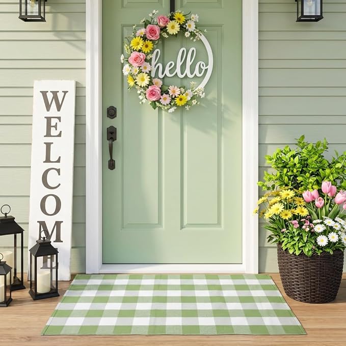 SEEKSEE Cotton Buffalo Plaid Rug 3'x5' Grass Green and White Checked Rug Washable Doormats Indoor Outdoor Rugs for Layered Front Door Mats, Porch, Kitchen, Farmhouse, Entryway