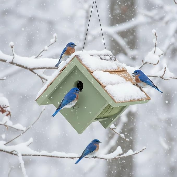 Large Cedar Bluebird House for Outside - Bamboo Shingles Roof Birdhouse for Bluebirds - Weather Proof Metal Protected - 13/16” Thickness Heavy Duty - Detachable and Easy Cleaning (1.5" Hole)
