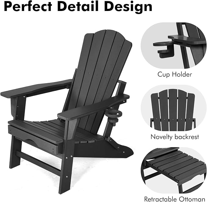Folding Adirondack Chair with Retractable Ottoman Set of 2, All Weather Fire Pit Chairs with Cup Holder, Outdoor Chair with Ottoman,Black