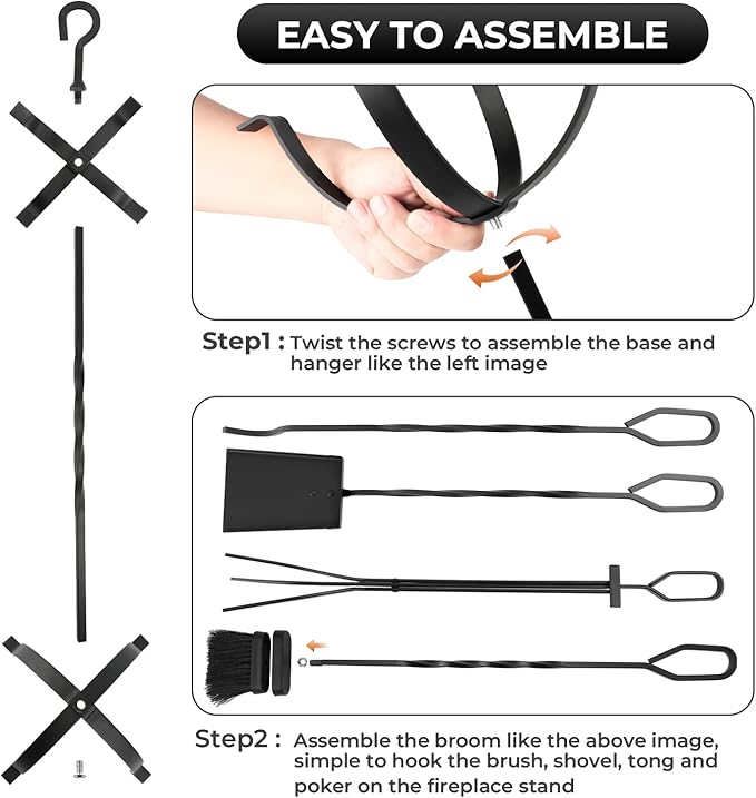 Fireplace Tools Set 5 Pieces - Lightweight Wrought Iron Fire Pit Accessories for Indoor Outdoor, Includes Sturdy Stand, Poker, Shovel, Brush & Tongs - Modern Fire Place Kit for Wood Stove