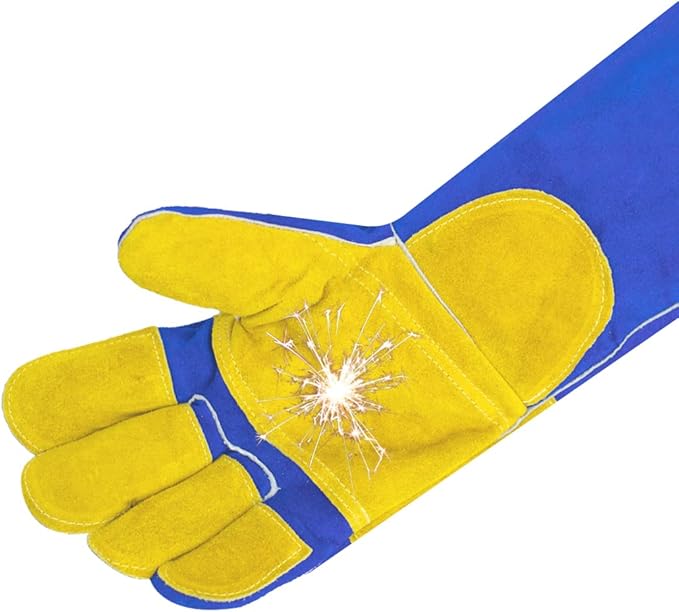 Welding/BBQ Leather Gloves 16 Inches,932℉, Stick Welding Gloves Heat/Fire Resistant, Mitts for Oven/Grill/Fireplace/Furnace/Stove/BBQ/16 inches Extra Long Sleeve (16 Inches, Blue-Yellow)