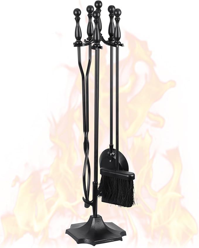 F2C 5 Pieces Fireplace Tools Sets Indoor Outdoor Wrought Iron Large Fire Place Set Tools, Fire Pit Tools，Includes Brush, Shovel, Tongs, Poker, Grabber