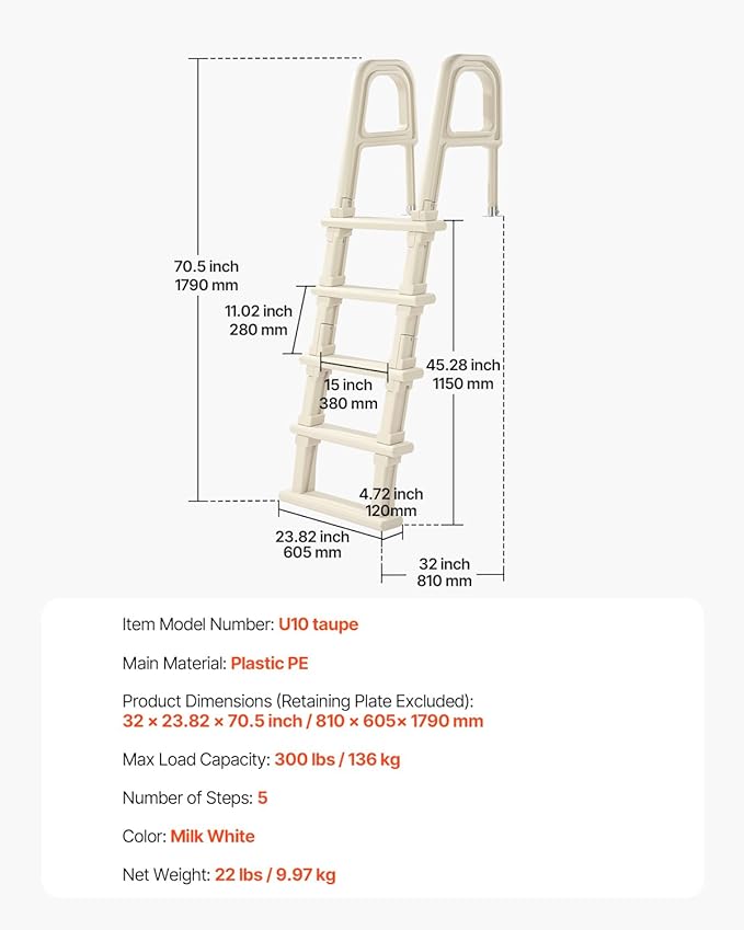 VEVOR Swimming Pool Ladder, 75°Inclined 5-Step Double Handrails Stair, Non-Slip Heavy Duty Steps, Load Capacity 300 lb, for 48-54 in Inground & Above-Ground Pools of Any Deck Surface Indoor & Outdoor