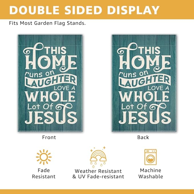 This Home Runs on Laughter Love a Whole Lot of Jesus Garden Flag, Double Sided Yard Outdoor Farmhouse Lawn Porch Decor Flag, Christian Religious Decor Flag, Bible Faith Housewarming Gifts