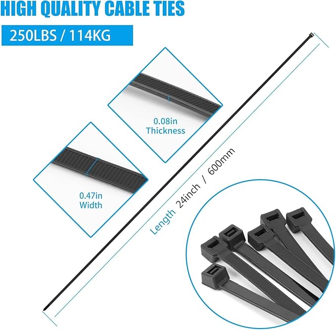 24 inch Purple Zip Ties Heavy Duty 50 PACK, 250 LBS Ultra Exclusive Strong Plastic Wire Ties, Large Cable Ties Extra Long Tie Wraps, Indoor and Outdoor UV Resistant