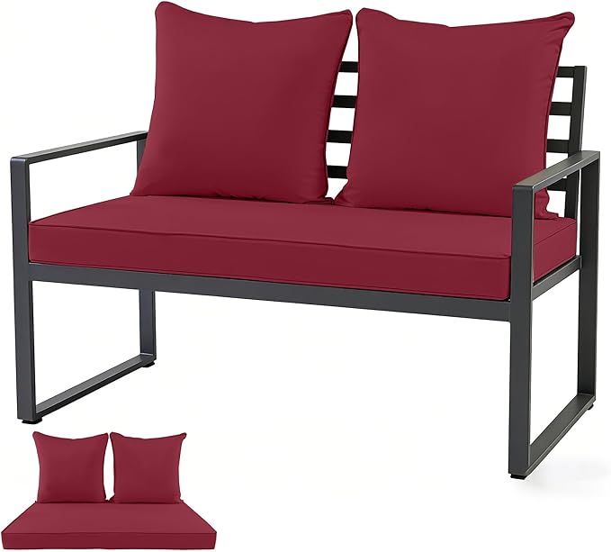 Outdoor Loveseat Cushion Set for Patio Couch/Sofa, 46 x 26 Inch Waterproof & Fade Resistant Patio Furniture Chiar Cushions with Removable Cover (Burgundy, 46''Lx26''Wx4''H-Loveseat Cushion Set)