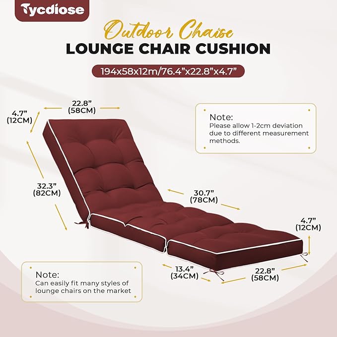 Outdoor Chaise Lounge Chair Cushion, Waterproof Non-Slip Patio Chaise Lounge Cushions for Outdoor Furniture, Thickened Patio Pool Lounger Chair Cushion, 76.4 x 22.8 x 4.7 Inches, Red