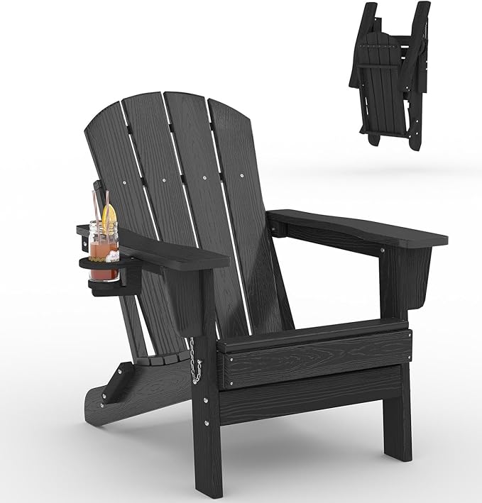 Folding Adirondack Chair, All-Weather HDPE Outdoor Chair, Wooden Textured with Cup Holder for patios, Decks, Gardens, fire pits, Black