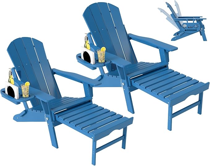 Adjustable Adirondack Chair with Retractable Ottoman Set of 2, HDPE Folding Adirondack Chair with Cup Holder, All Weather Fire Pit Chair for Outdoor,Pacific Blue