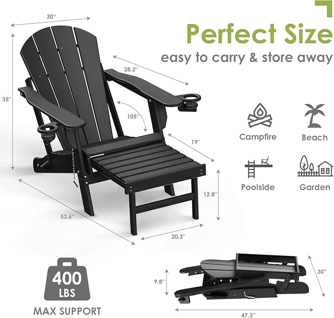 GREENVINES Adirondack-Chairs-with-Ottoman | Set of 4 | Folding | Retractable-Footrest | HDPE Plastic | All Weather Fire Pit Chair | Cup Holders | Black | for Outdoor Poolside