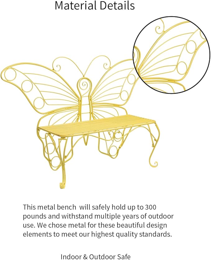 Plow & Hearth Weatherproof Butterfly Outdoor Bench | Holds Up to 300 lbs | Garden Patio Porch Park Deck | Metal | Yellow