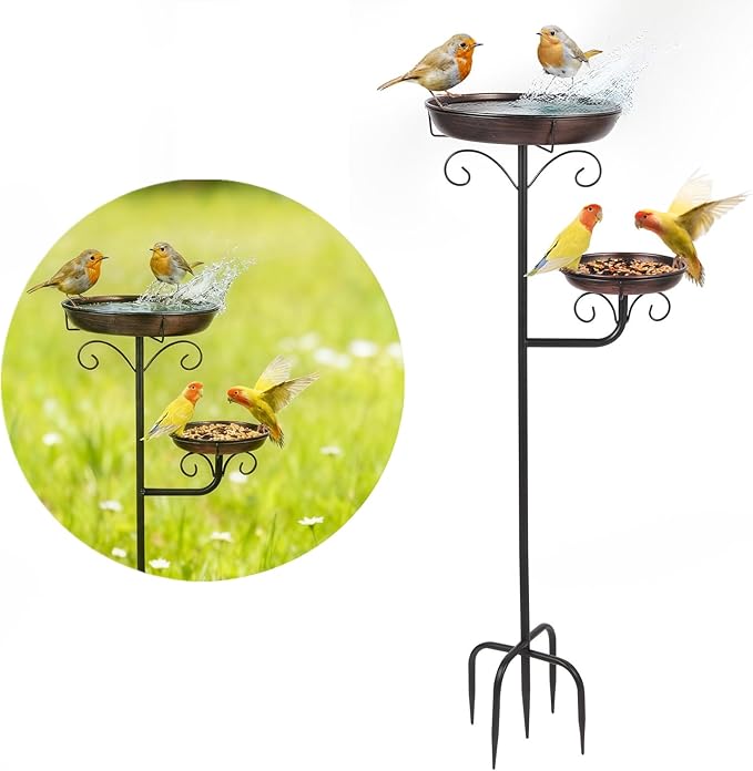 Large Birdbaths for Outdoors with Stand, Copper Bird Bath Outside with Two Removable Bowls, Bird Feeder with Stakes for Metal Garden Decor Ornament