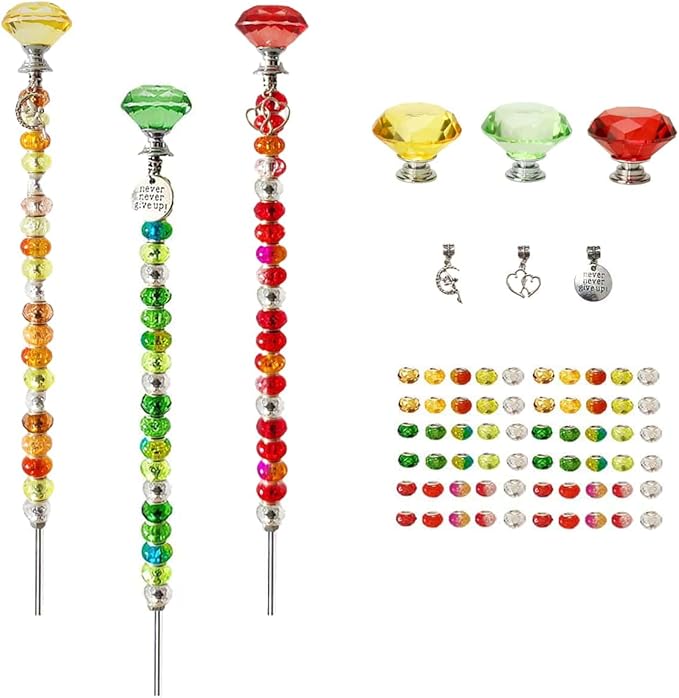 72Pcs Beaded Garden Stakes Kit - DIY Fairy Wand Garden Stake Beads Kit, Fairy Garden Accessories Outdoor for Different Festivals, Garden Stake Decorative Diamond-(Red+Green+Yellow)