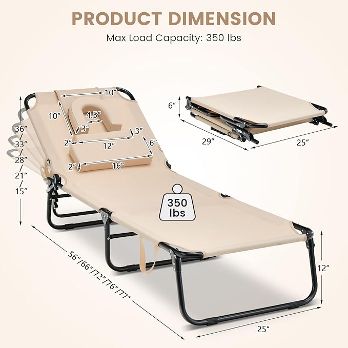 GYMAX Tanning Chair, 350lbs Beach Lounge Chair with Face Hole, Washable Pillow & Carry Strap, Adjustable Folding Chaise Lounge, Layout Lounger for Outside, Patio, Poolside, Lawn (2, Beige)