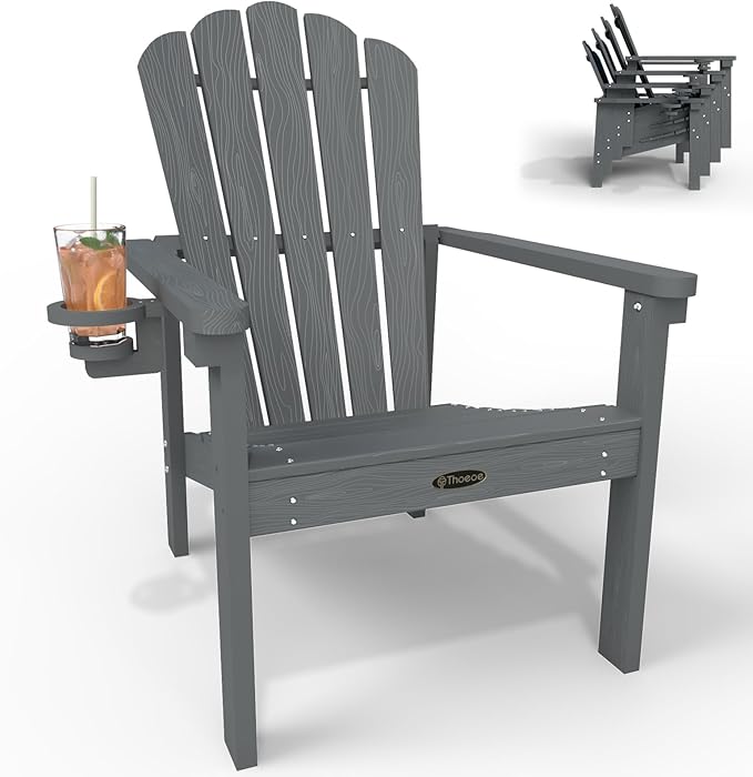 Stackable Adirondack Chair, HDPE All-Weather Adirondack Chairs - Durable and Space Saving, Plastic Outdoor Fire Pit Chairs with Cup Holder,Grey