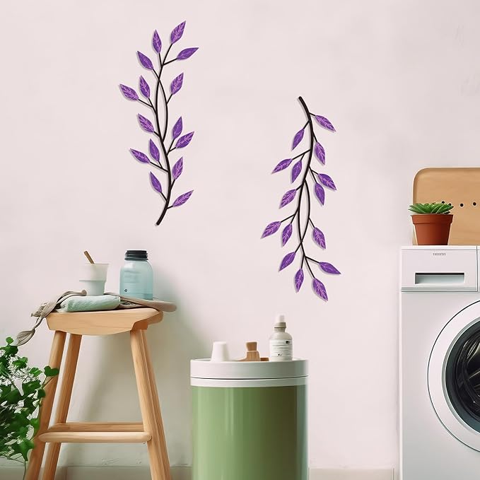 LWHZHE 2 Pieces Vintage Tree Leaf Wall Art Vine Metal Bathroom Wall Decor Olive Branch Wall Decor Living Room Tree Wall Art for Outdoor Hallway Kitchen Garden (Purple)