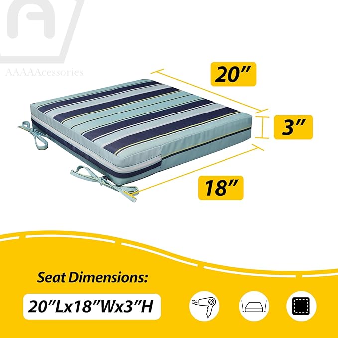 AAAAAcessories Outdoor Seat Cushions for Chairs, Waterproof, Fade-Resistant, 20" x 18" x 3", Patio Furniture Replacement Cushions, Set of 2, Stormy Teal Coastal Stripe