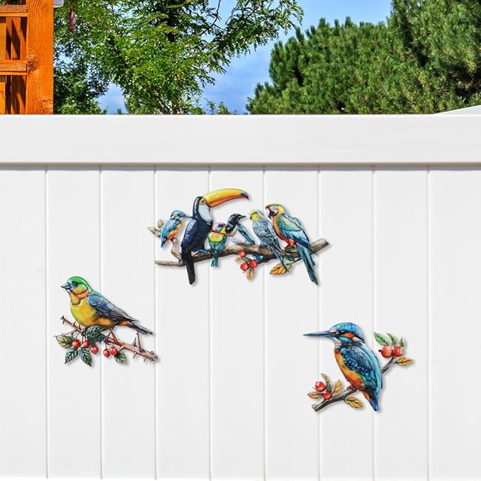 3 Pcs Metal Birds Wall Art Garden Decor, 3D Colorful Birds Outdoor Wall Art Yard Patio Fence Decoration, Hummingbird Parrot Toucan Wall Hanging Sculpture Outside Gift for Women Mom