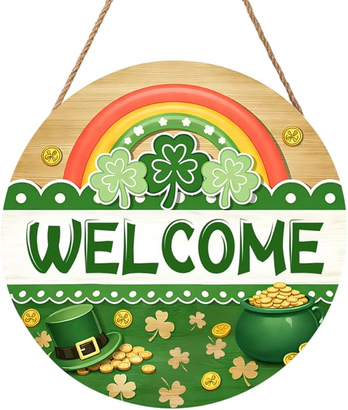 Welcome Front Door Sign Round 12 X 12 Inches St Patricks Day Door Hanger Summer Spring Welcome Wall Pediment Holiday Saint Patricks Day Wooden Plaque for Yard Porch Seasonal Home Decoration