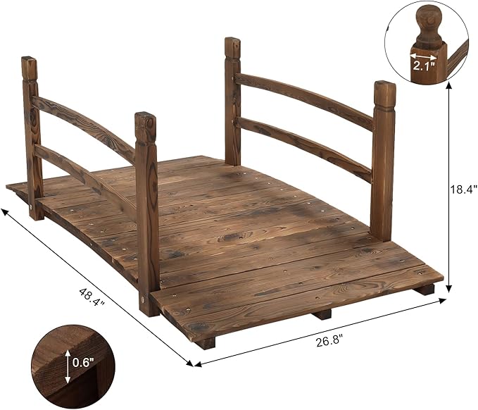 VINGLI 4 ft Garden Bridge, Arch Walkway Wooden Bridge with Safety Rails Carbonized Finished, Decorative Landscaping Footbridge for Koi Pond, Dry Creek Bed, Garden Pathway or Rustic Wedding Decor