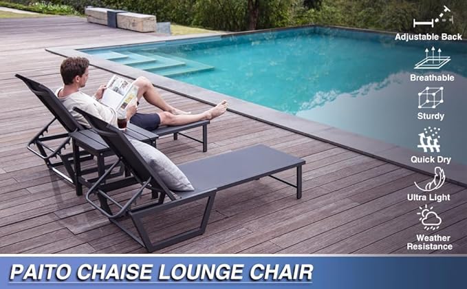 Outdoor Lounge Chair, No Assembly Patio Chaise Lounge Outdoor with 5-Positions, Aluminum Pool Lounge Chair with Portable Design for Pool, Beach, Deck, Backyard,(Grey)