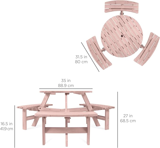 Best Choice Products 6-Person Circular Outdoor Wooden Picnic Table for Patio, Backyard, Garden, DIY w/ 3 Built-in Benches, 500lb Capacity - Rose Quartz