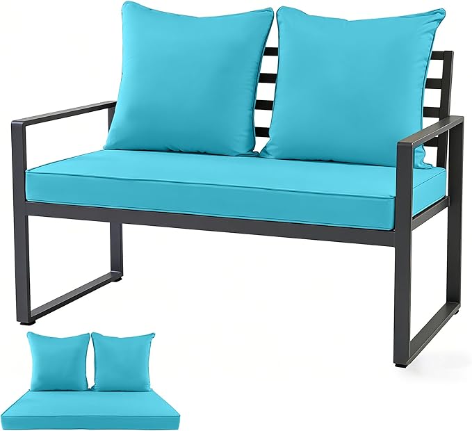 Outdoor Loveseat Cushion Set for Patio Couch/Sofa, 46 x 26 Inch Waterproof & Fade Resistant Patio Furniture Chiar Cushions with Removable Cover (Lake Blue, 46''Lx26''Wx4''H-Loveseat Cushion Set)