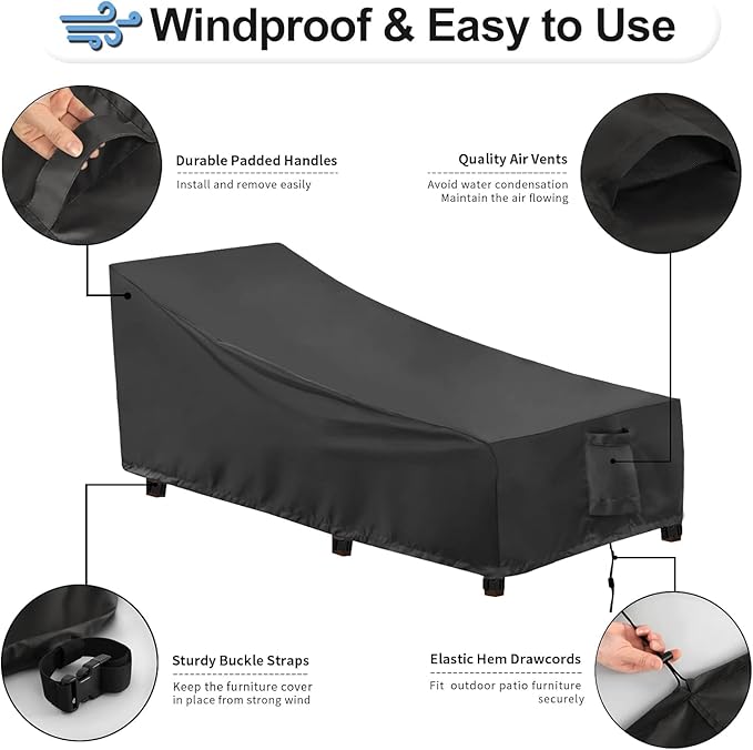 OutdoorLines Outdoor Waterproof Patio Chaise Lounge Chair Cover - UV Resistant Lounger Covers Heavy Duty Weatherproof Patio Sofa Furniture Covers, 2 Packs, 64Wx28Dx30H Inches, Black