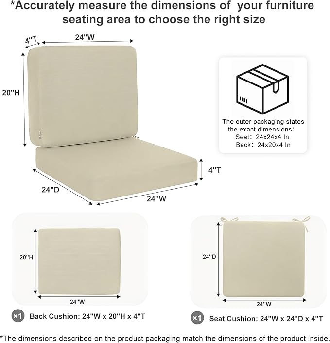 Favoyard Outdoor Deep Seat Cushion Set, Rainproof & 3-Year Fade Resistant Patio Furniture Cushions with Removable Seat Bottom & Back Cushion Covers for Chair, Sofa, Beige (Seat 24x24In Back 24x20In)