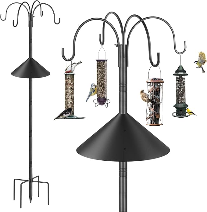 Bird Feeder Pole Stand Squirrel Proof for Outdoors Heavy Duty Shepherds Hook for Bird Feeder with Baffle, 88in Tall Double Garden Hooks for Hanging Plant Light, 1 Pack