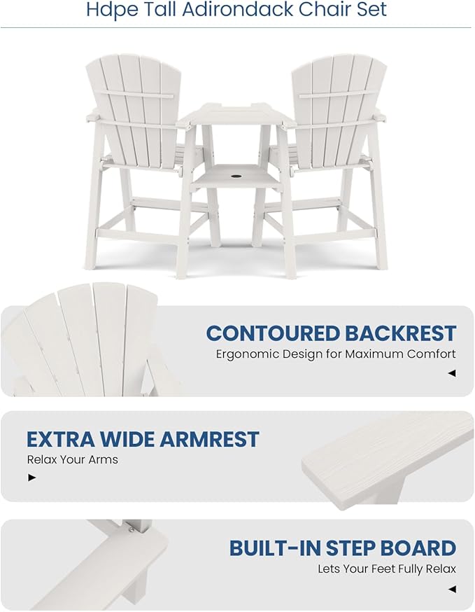 Ciokea Tall Adirondack Chairs Set of 4, HDPE Outdoor Adirondack Bar Stools with Double Connecting Tray, Weather Resistant High Back Adirondack Balcony Chairs for Deck, Lawn, Pool, Backyard, White