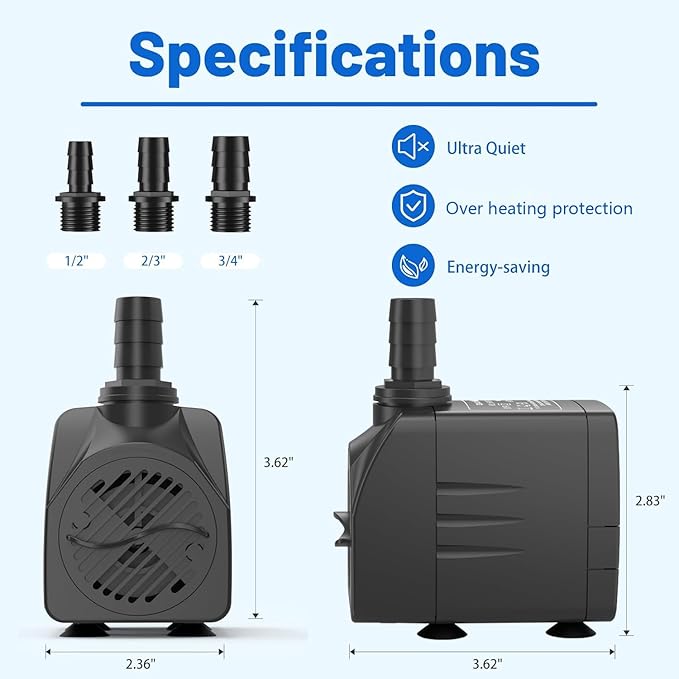 400GPH Submersible Water Pump(1500L/H,25W),Ultra Quiet Fountain Pump with 6.5ft High Lift, Pond Pump for Fish Tank, Pond, Aquarium, Statuary, Hydroponics