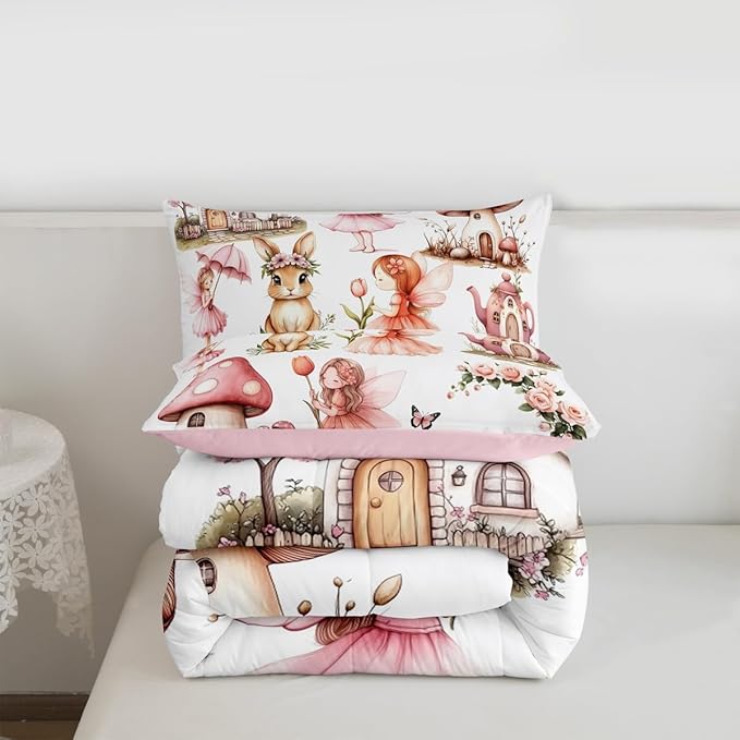 Erosebridal Pink Fairy Garden Queen Comforter Set - Mushroom Floral Bedding Sets for Girls Kids, Butterfly Flower Bunny Bed Set | Kawaii Fairies Girly Room Decor with 2 Pillowcases