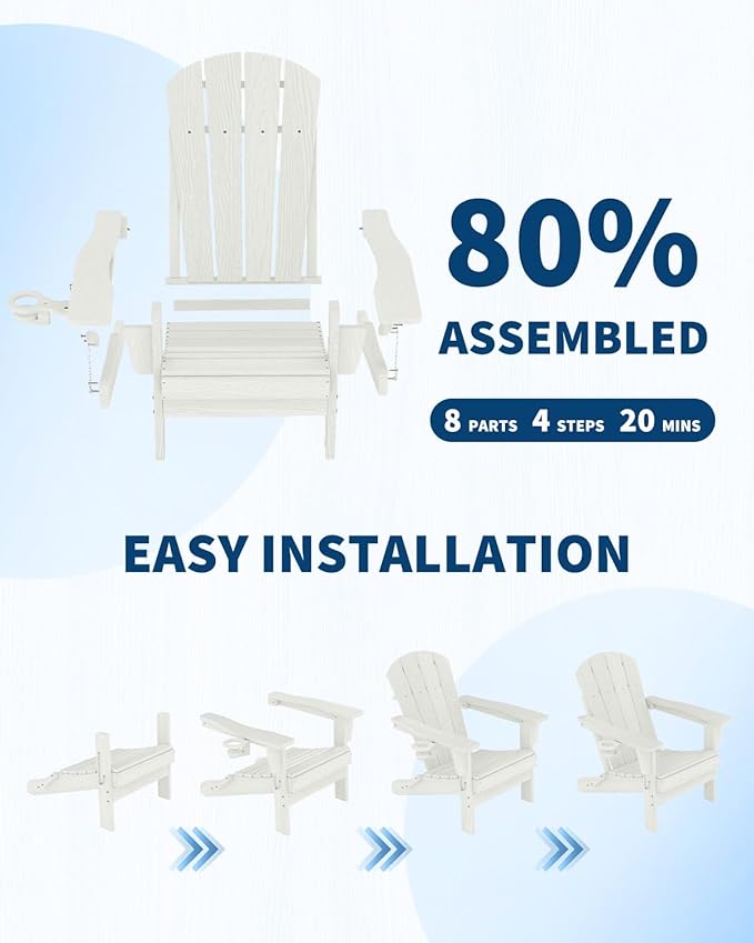 Folding Adirondack Chair Set of 4, All-Weather HDPE Outdoor Chair, Wooden Textured with Cup Holder for patios, Decks, Gardens, fire pits, White